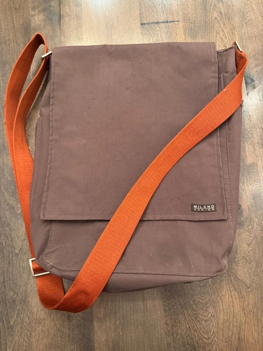 Milano Brown Canvas Messenger Bag with Orange Strap